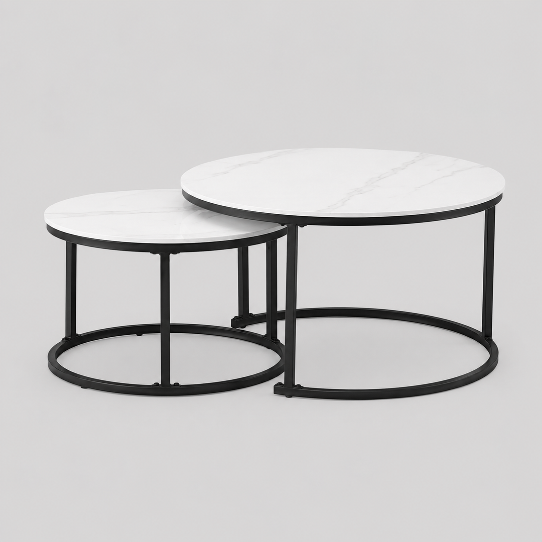Alvireo Set of 2 Coffee Tables – Modern Sintered Stone Snowy White Marble Top with Black Steel Base