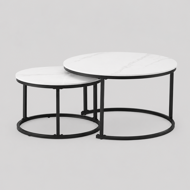 Alvireo Set of 2 Coffee Tables – Modern Sintered Stone Snowy White Marble Top with Black Steel Base