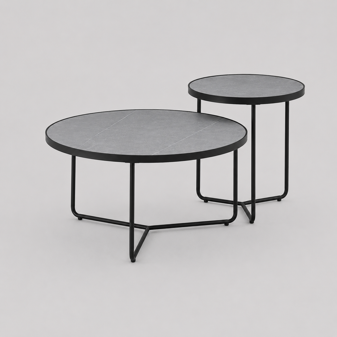 Virexon Set of 2 Coffee Tables – Modern Sintered Stone Armani Grey Marble Top with Black Steel Base