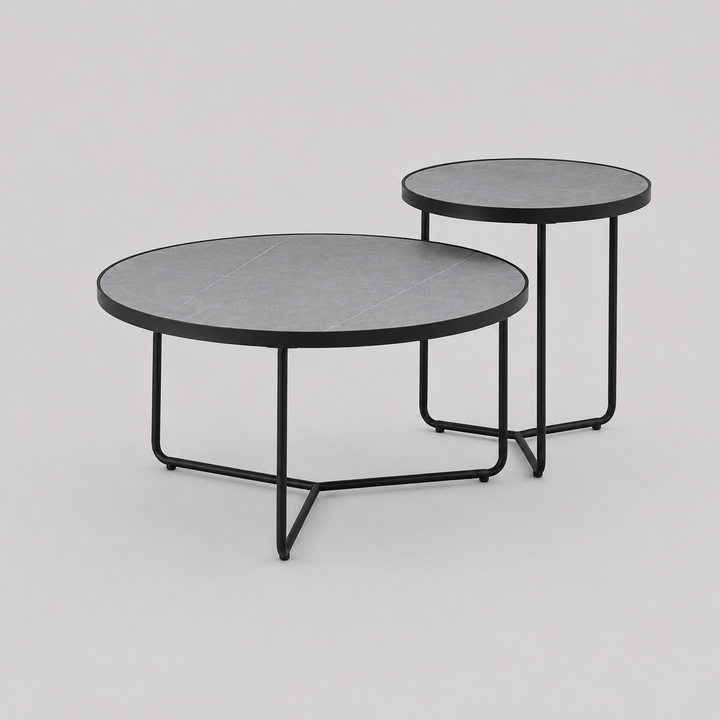 Virexon Set of 2 Coffee Tables – Modern Sintered Stone Armani Grey Marble Top with Black Steel Base