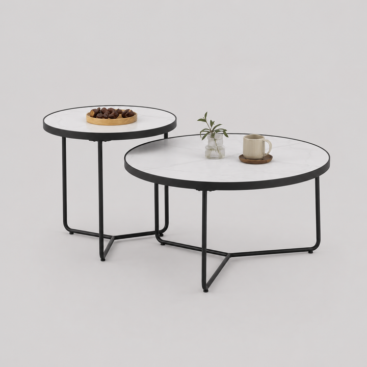 Virexon Set of 2 Coffee Tables – Modern Sintered Stone Snowy White Marble Top with Black Steel Base