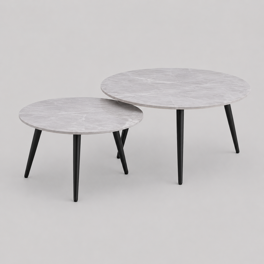 Sylvaro 2 Piece Coffee Table Set – Modern Snowy White Sintered Stone Marble Top with Black Steel Legs (Copy)