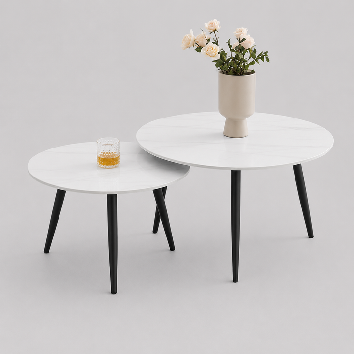 Sylvaro 2 Piece Coffee Table Set – Modern Snowy White Sintered Stone Marble Top with Black Steel Legs
