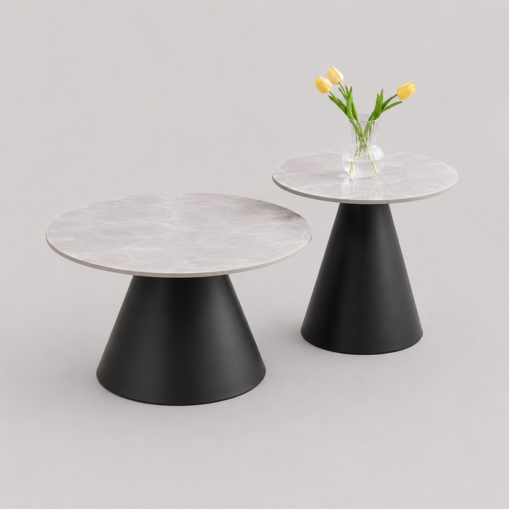 Veltrix 2 Piece Coffee Table Set – Modern Armani Grey Sintered Stone Marble Top with Black Steel Pedestal Base