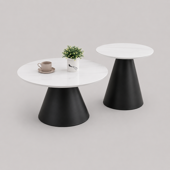 Veltrix 2 Piece Coffee Table Set – Modern Snowy White Sintered Stone Marble Top with Black Steel Pedestal Base
