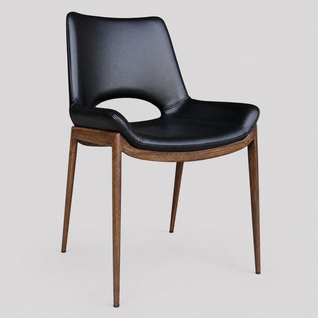 Torano Mid-Century Modern Dining And Lounge Chair in Walnut Finish with Textured Faux Leather Upholstery, Contoured Seat, Metal Frame – Set of 6