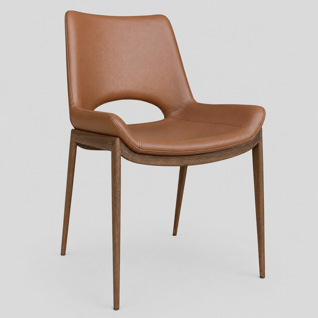 Torano Mid-Century Modern Dining And Lounge Chair in Walnut Finish with Textured Faux Leather Upholstery, Contoured Seat, Metal Frame – Set of 6