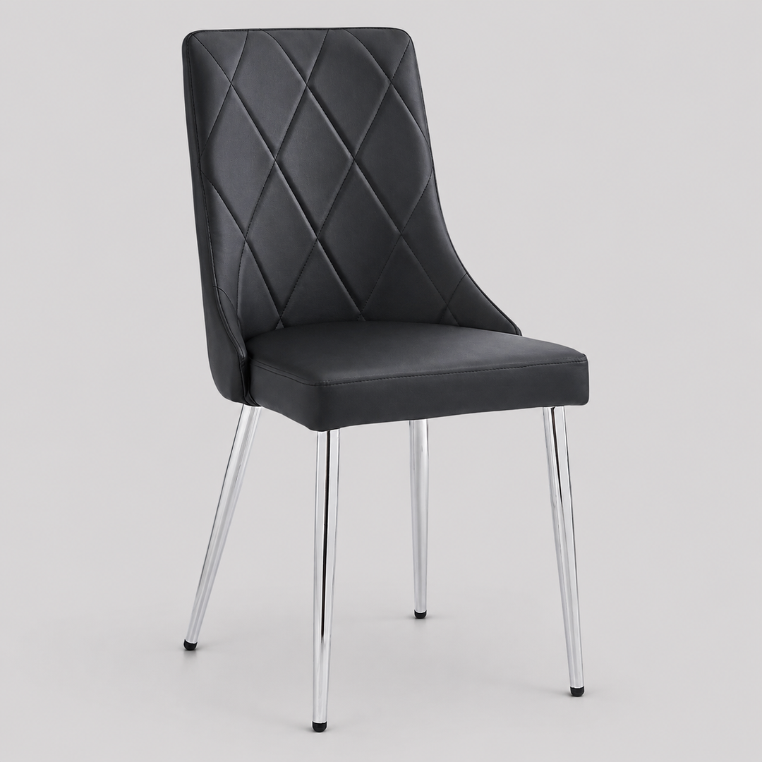 Corenza Mid-Century Modern Dining Chair with Faux Leather Upholstery, Curved Wood Seat Frame & Chrome Metal Legs – Set of 2