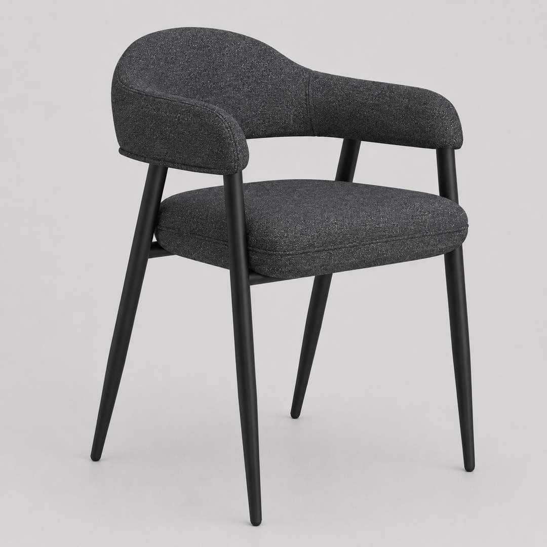 Loreza Mid-Century Modern Dining Chair with Textured Fabric Upholstery, Matte Black Metal Legs And Foam Cushion – Set of 2