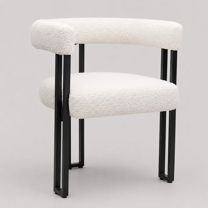 Varese Contemporary Dining Side Chair with Soft Boucle Fabric Upholstery in White, Black Metal Frame Anf Legs – Set of 2