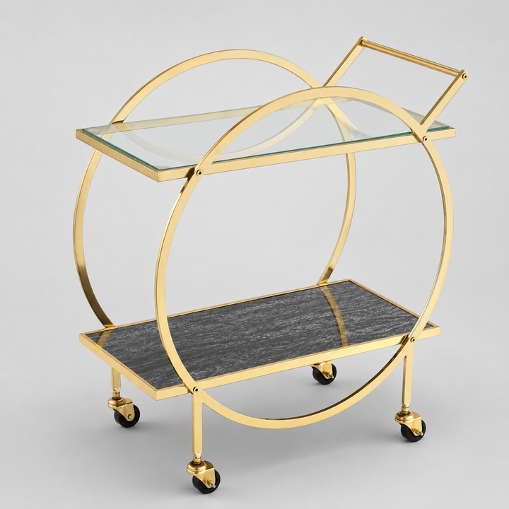 Prestige Kitchen Cart – Gold Metal Frame & Glass Shelves