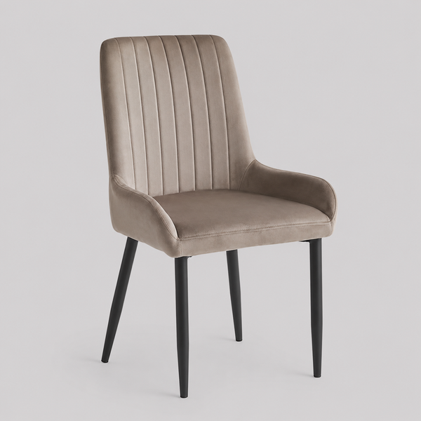 Valmere 2-Piece Modern Dining Chair Set in Beige Velvet with Vertical Stitching, Black Steel Legs & Contemporary Finish