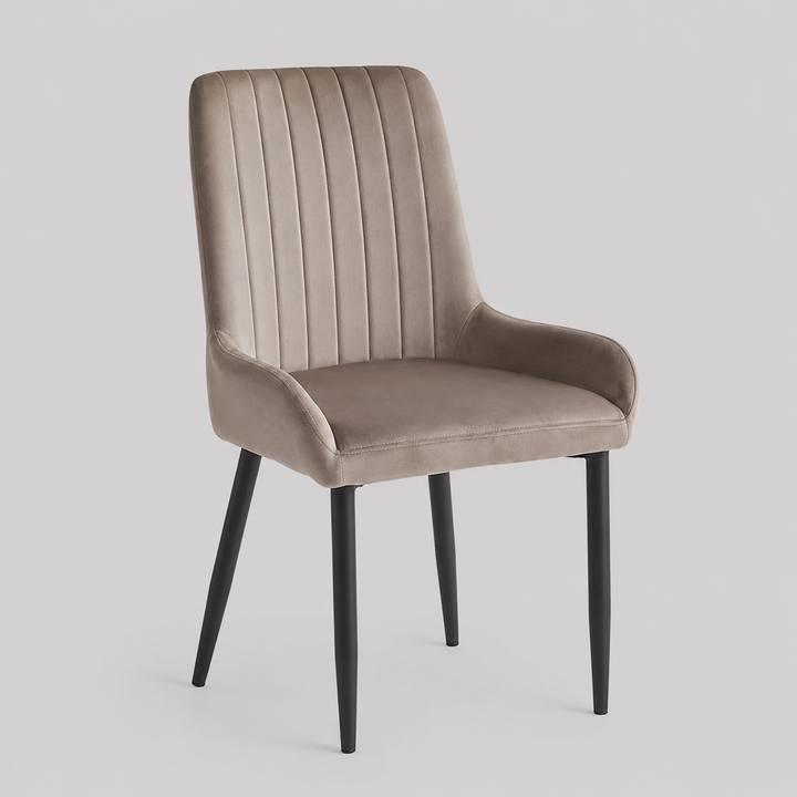 Valmere 2-Piece Modern Dining Chair Set in Beige Velvet with Vertical Stitching, Black Steel Legs & Contemporary Finish
