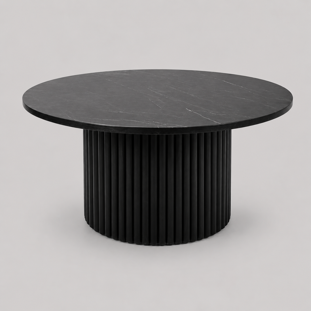 Milan Luxe Marble Coffee Table with Fluted Mango Wood Base, Round Tapered Stone Top & Modern Luxury Design for Elegant Living Spaces
