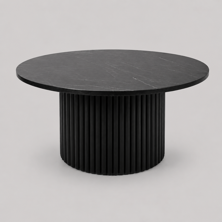 Milan Luxe Marble Coffee Table with Fluted Mango Wood Base, Round Tapered Stone Top & Modern Luxury Design for Elegant Living Spaces