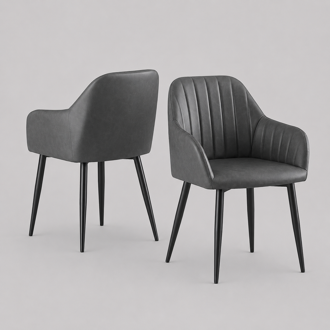 Zelviro 2-Piece Modern Accent Chair Set in Soft Grey PU with Vertical Channel Stitching, Integrated Armrests and Tapered Black Steel Legs