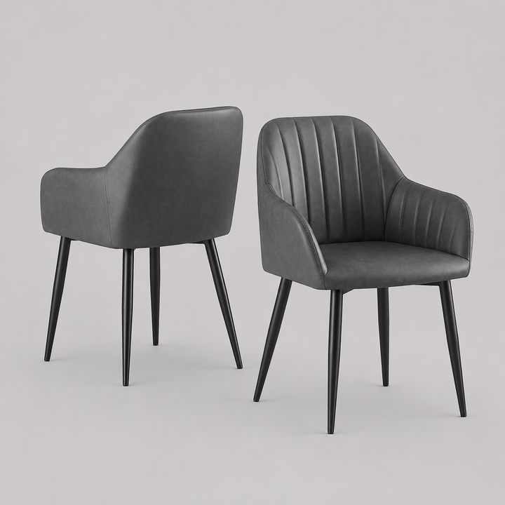 Zelviro 2-Piece Modern Accent Chair Set in Soft Grey PU with Vertical Channel Stitching, Integrated Armrests and Tapered Black Steel Legs
