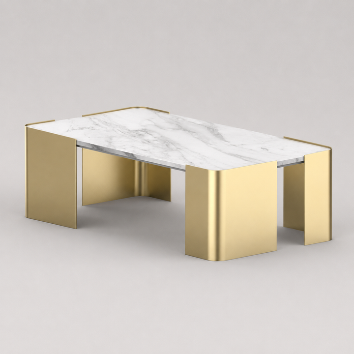 Regalia Luxury Marble Coffee Table with Tapered Stone Top & Gold Finished Metal Legs for Modern Elegant Living Rooms