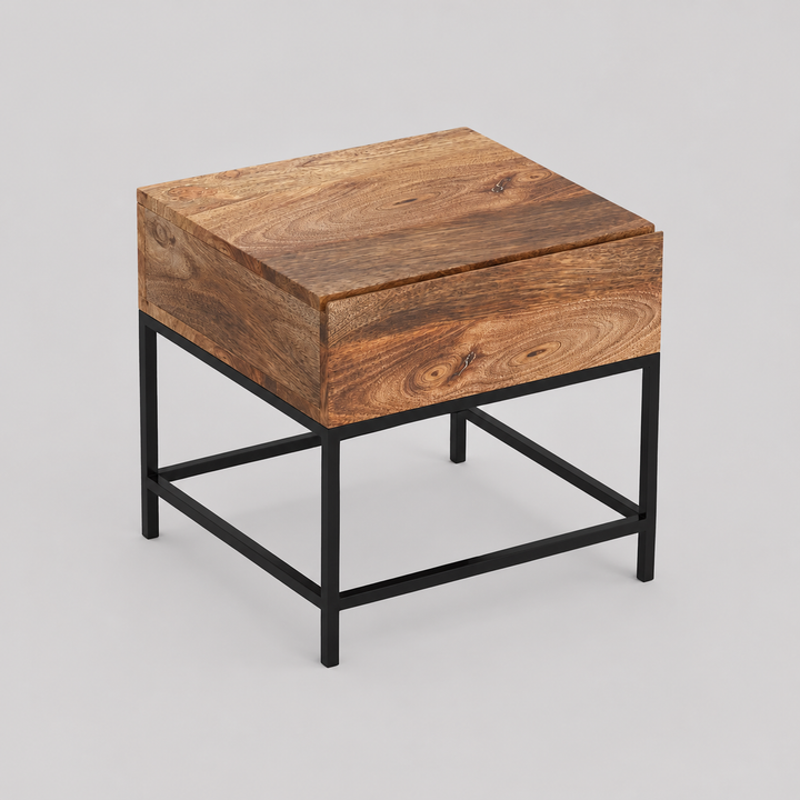 Celeste Accent Table – Solid Wood & Black Metal Frame