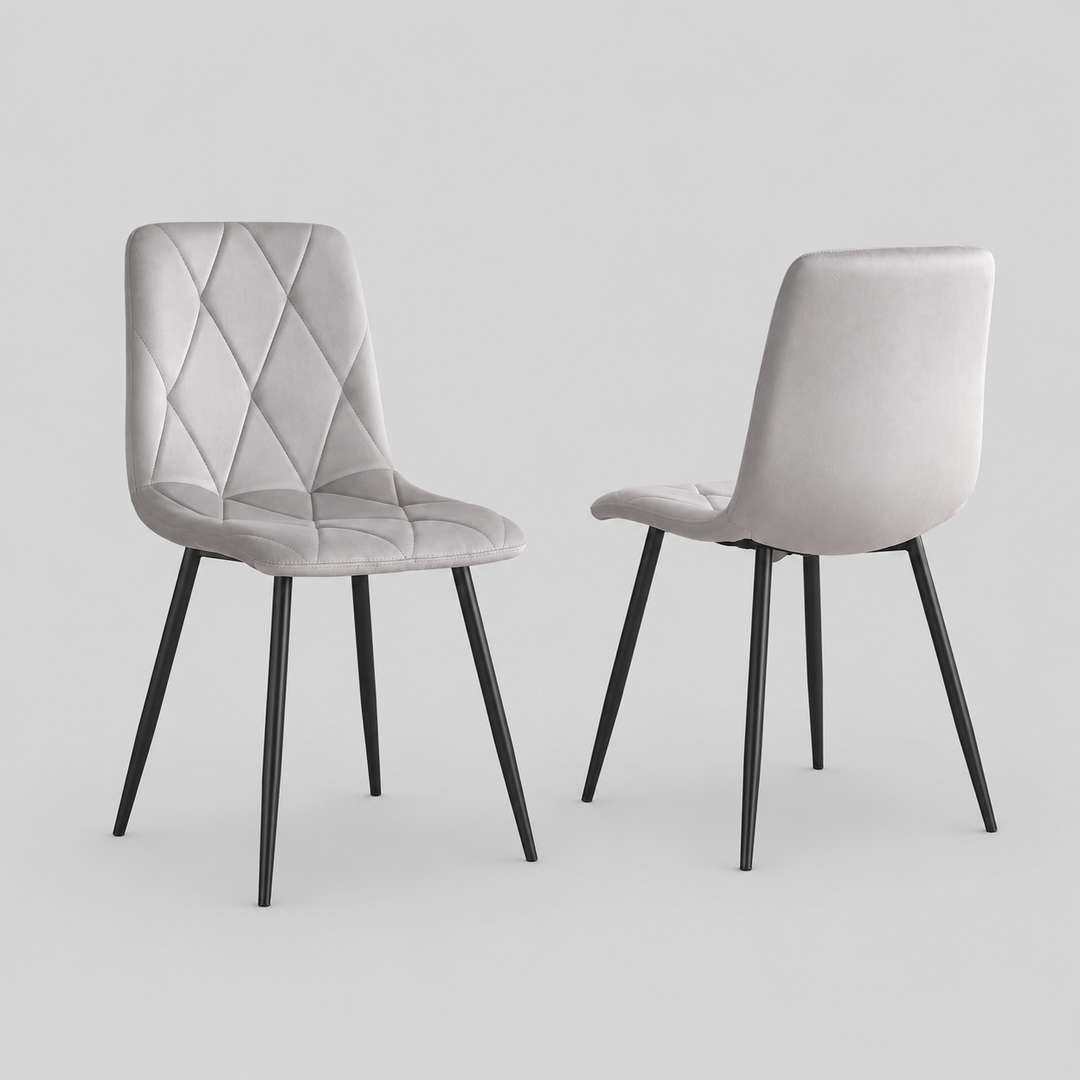 Aristova 4-Piece Modern Light Grey Velvet Dining Chair Set with Diamond Stitching & Black Steel Legs