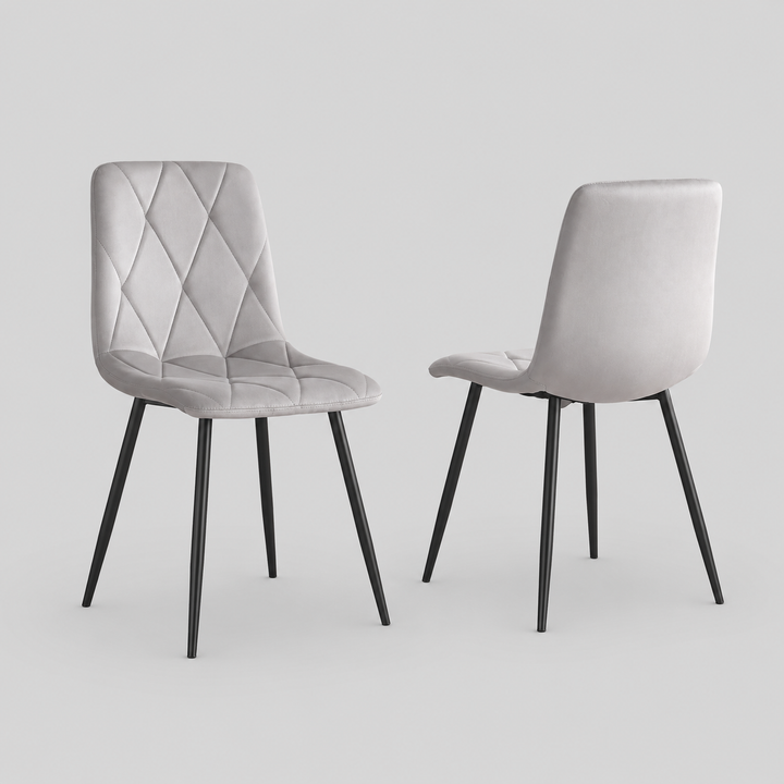 Aristova 4-Piece Modern Light Grey Velvet Dining Chair Set with Diamond Stitching & Black Steel Legs