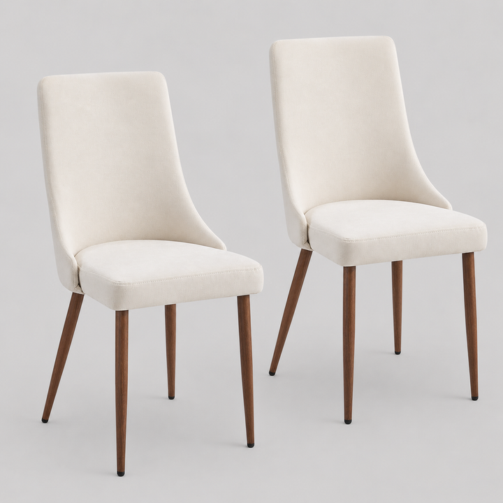 Delvaro Mid-Century Modern Chair – Set of 2 Curved Wood Frame Fabric Upholstered Chairs with Walnut Finish Metal Legs