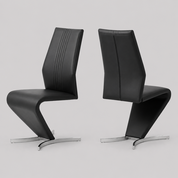 Gaverno 2-Piece Modern Z-Shape Black Faux Leather Dining Chair Set with Chrome Finish