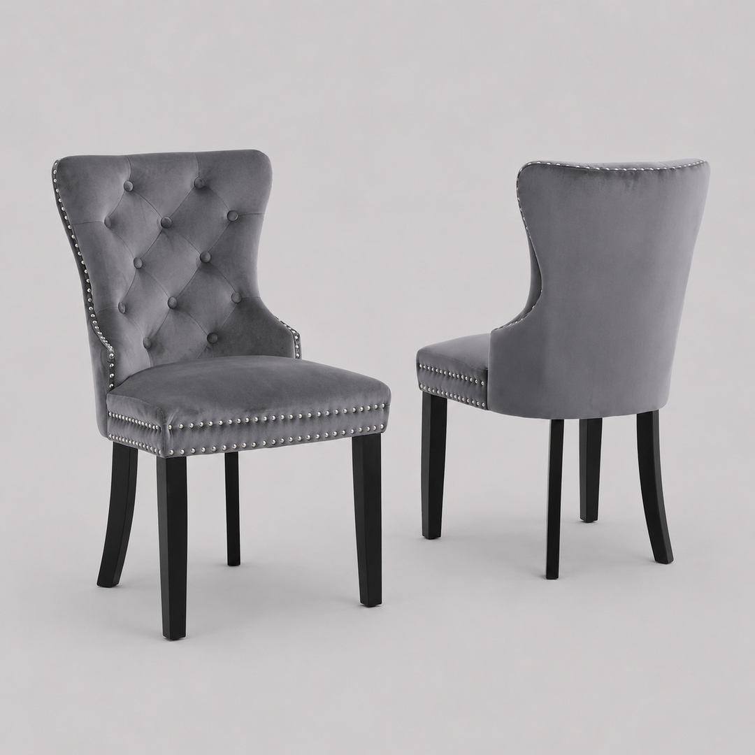 Marvexio 2-Piece Dining Chairs – Soft-Touch Grey Velvet Button Tufted Design with Nailhead Details & Dark Espresso Wooden Legs for Luxury Dining Spaces