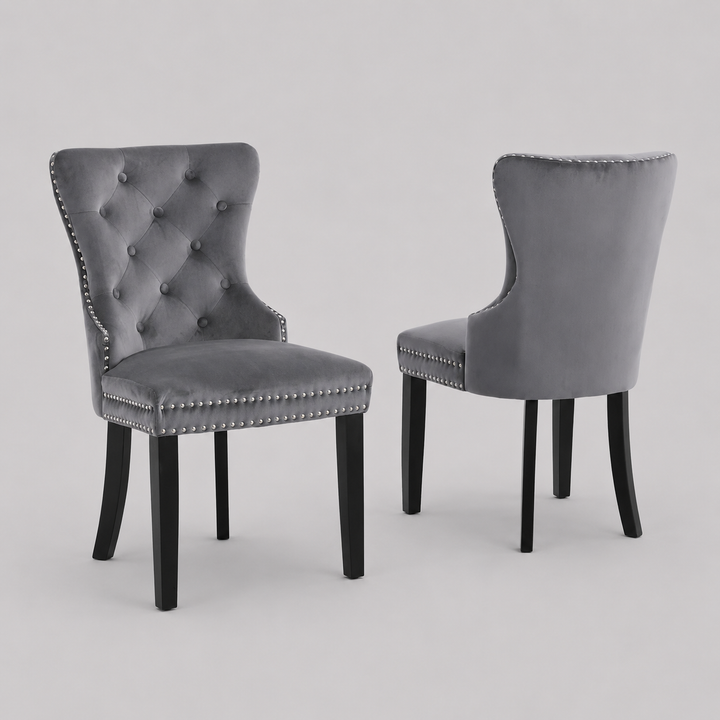 Marvexio 2-Piece Dining Chairs – Soft-Touch Grey Velvet Button Tufted Design with Nailhead Details & Dark Espresso Wooden Legs for Luxury Dining Spaces