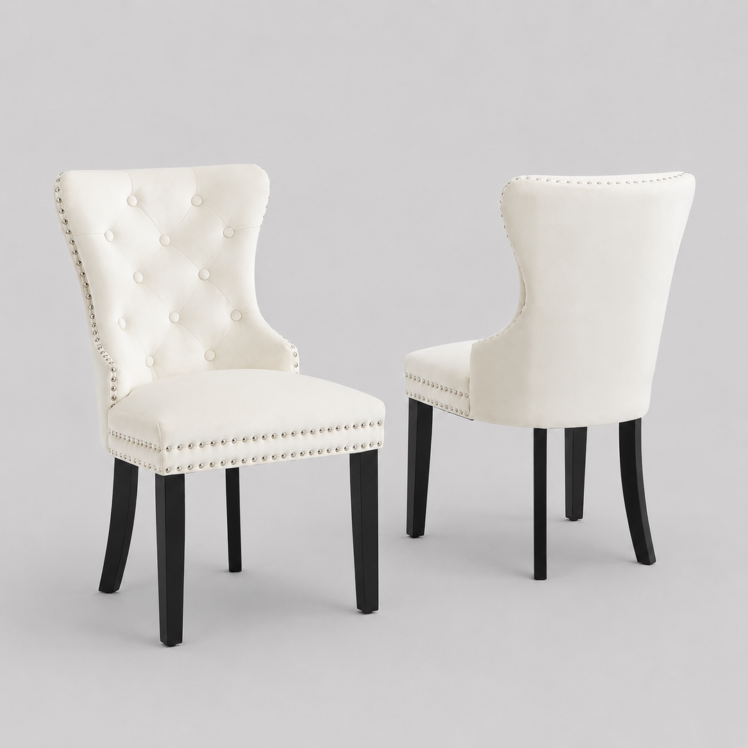 Marvexio 2-Piece Dining Chairs – Soft-Touch Creme Velvet Button Tufted Design with Nailhead Details & Dark Espresso Wooden Legs for Luxury Dining Spaces