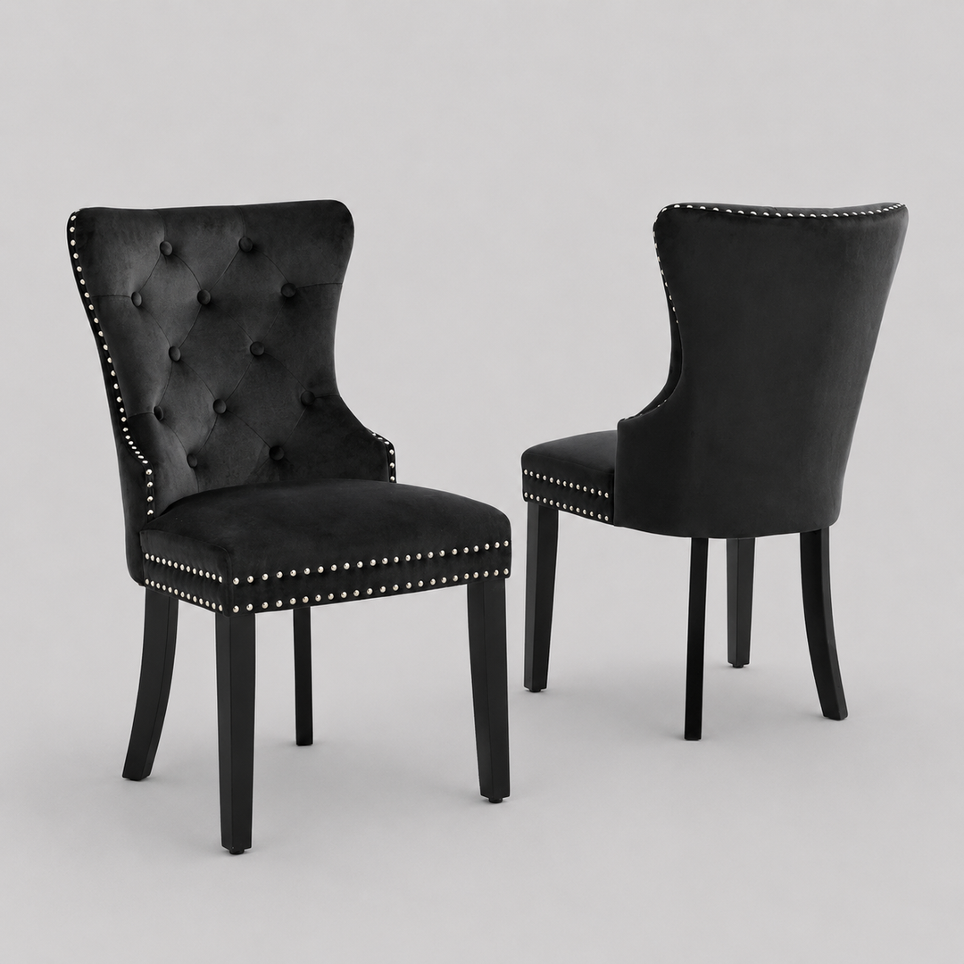 Marvexio 2-Piece Dining Chairs – Soft-Touch Black Velvet Button Tufted Design with Nailhead Details & Dark Espresso Wooden Legs for Luxury Dining Spaces