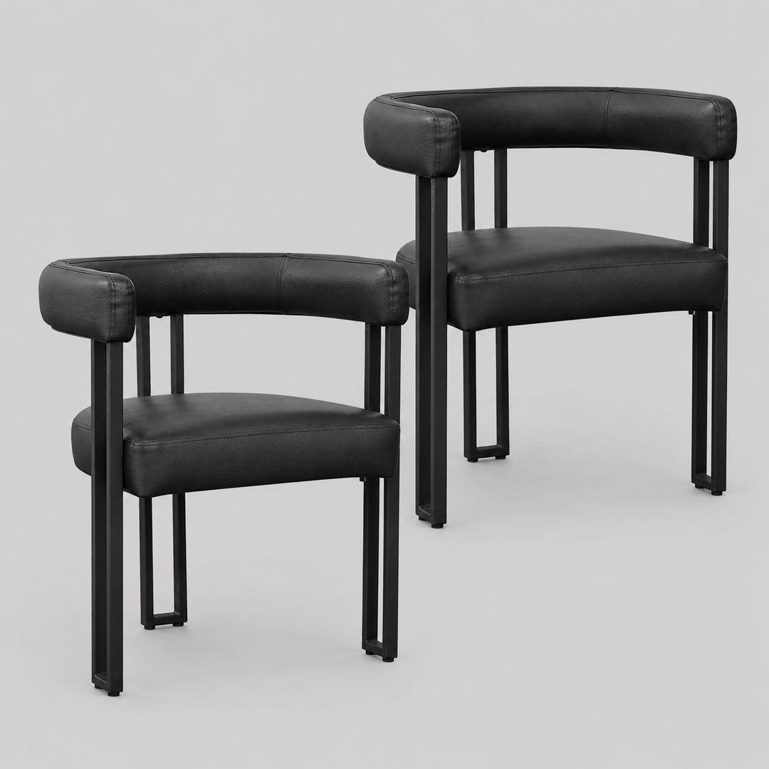 Avenza Dining Side Chair – Set of 2 Contemporary Matte Black Faux Leather Upholstered Chairs with Black Metal Frame