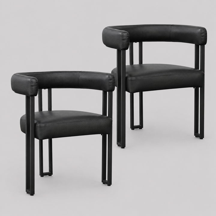 Avenza Dining Side Chair – Set of 2 Contemporary Matte Black Faux Leather Upholstered Chairs with Black Metal Frame