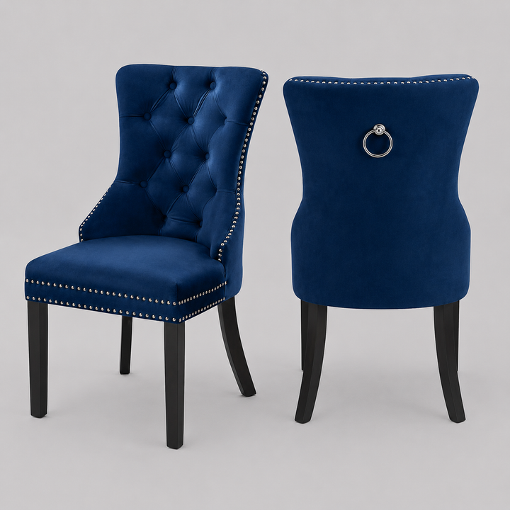Marvexo 2-Piece Dining Chairs – Navy Blue Velvet Upholstered Chairs with Elegant Nail Head Details for Luxury Dining & Modern Interiors