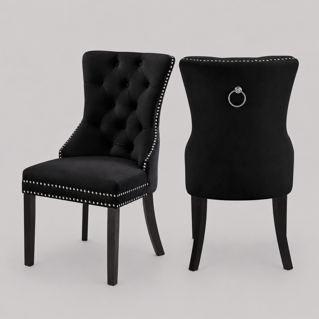 Marvexo 2-Piece Dining Chairs – Black Velvet Upholstered Chairs with Elegant Nail Head Details for Luxury Dining & Modern Interiors