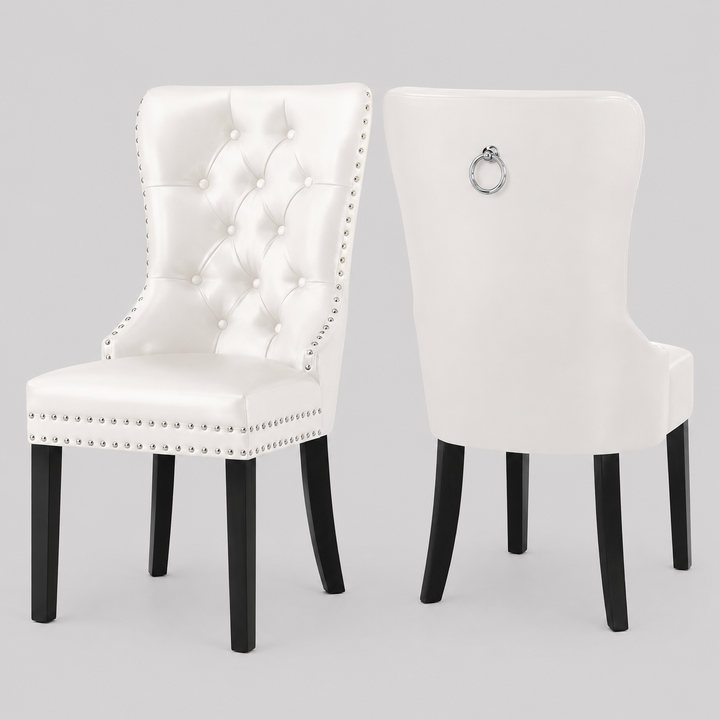 Orvello 2-Piece Dining Chairs – White PU Upholstered Chairs with Elegant Nail Head Details for Modern Luxury Dining & Interiors
