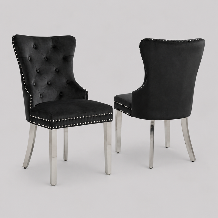 Sylvano 2-Piece Dining Chairs – Soft-Touch Black Velvet Button Tufted Design with Nailhead Details & Polished Chrome Legs for Modern Luxury Dining Spaces