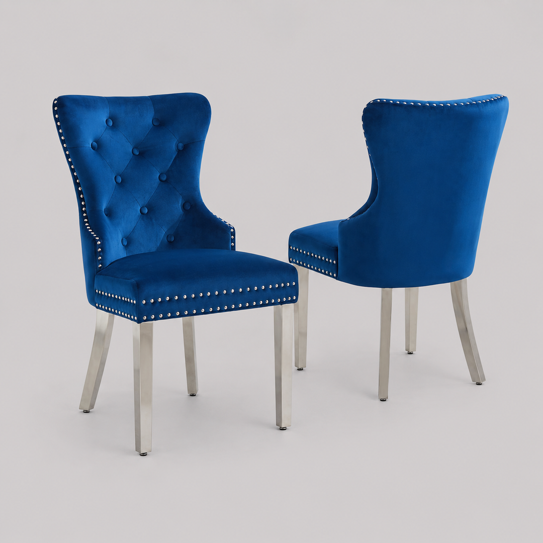 Sylvano 2-Piece Dining Chairs – Soft-Touch Blue Velvet Button Tufted Design with Nailhead Details & Polished Chrome Legs for Modern Luxury Dining Spaces