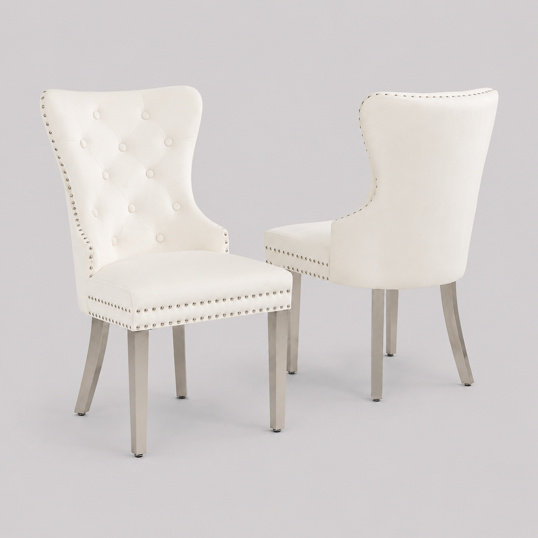 Sylvano 2-Piece Dining Chairs – Soft-Touch Cream Velvet Button Tufted Design with Nailhead Details & Polished Chrome Legs for Modern Luxury Dining Spaces