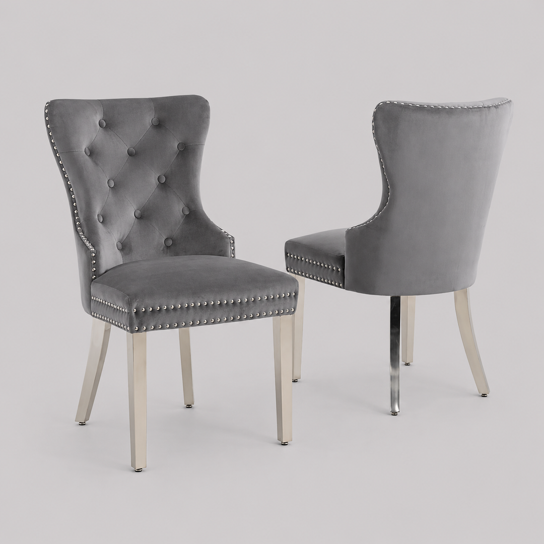 Sylvano 2-Piece Dining Chairs – Soft-Touch Grey Velvet Button Tufted Design with Nailhead Details & Polished Chrome Legs for Modern Luxury Dining Spaces