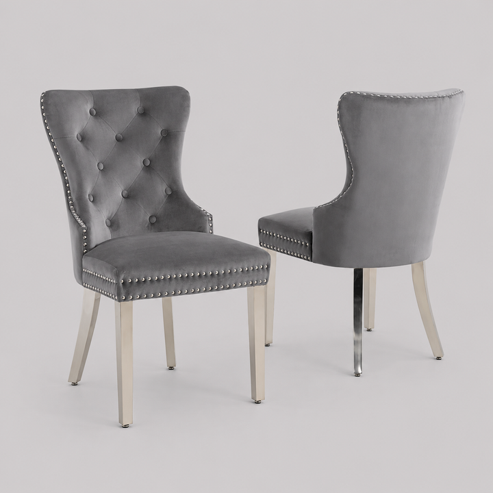 Sylvano 2-Piece Dining Chairs – Soft-Touch Grey Velvet Button Tufted Design with Nailhead Details & Polished Chrome Legs for Modern Luxury Dining Spaces