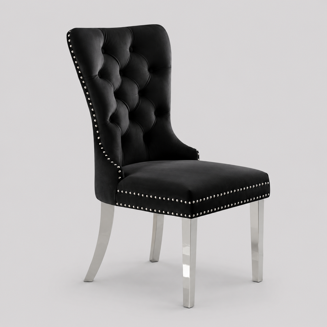 Liorvo 2-Piece Luxury Black Velvet Dining Chair Set with Chrome Knocker Accent, Button Tufted Front, Decorative Nailhead Trim, Polished Chrome Finish, Modern Glam Dining Room Accent Chairs