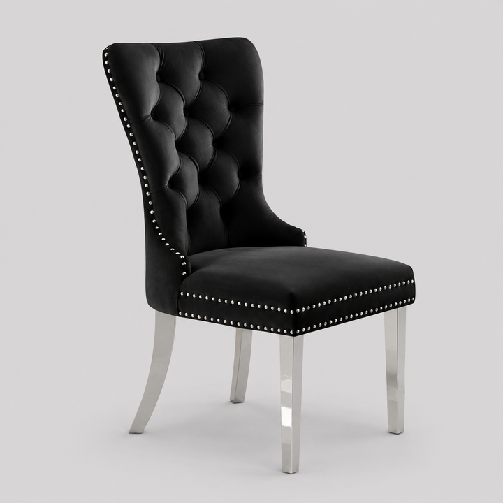 Liorvo 2-Piece Luxury Black Velvet Dining Chair Set with Chrome Knocker Accent, Button Tufted Front, Decorative Nailhead Trim, Polished Chrome Finish, Modern Glam Dining Room Accent Chairs