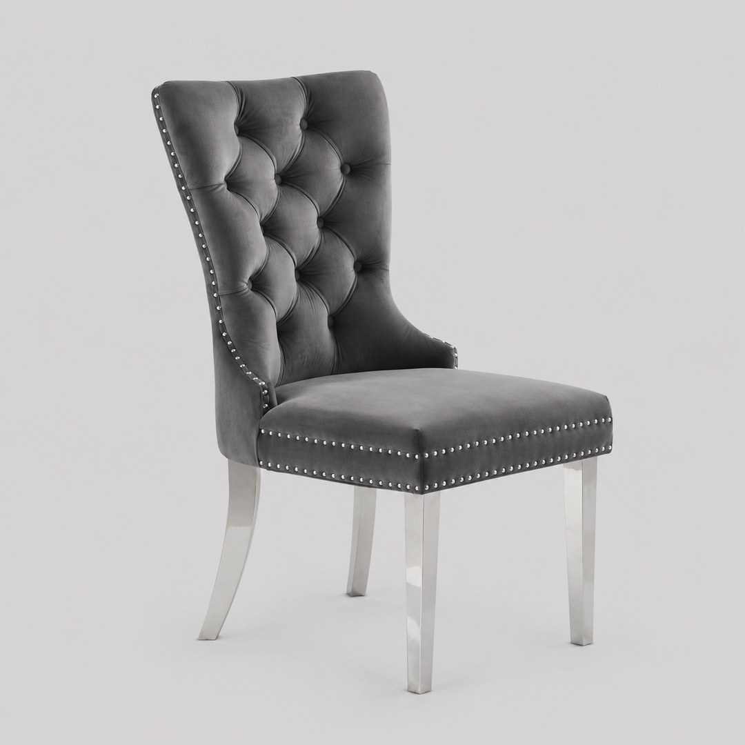 Liorvo 2-Piece Grey Velvet Dining Chair Set, Chrome Knocker Accent, Button Tufted Front, Nailhead Trim, Polished Chrome Finish, Luxury Dining Chairs