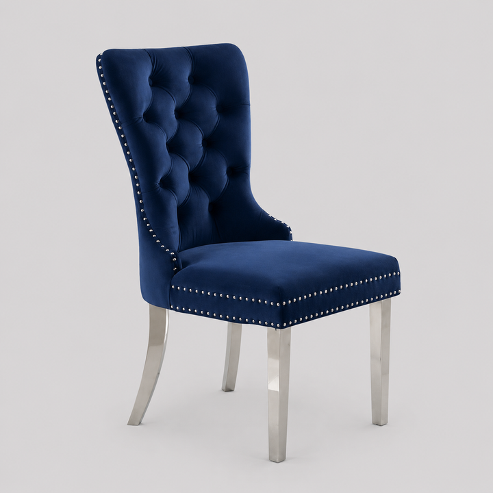 Liorvo 2-Piece Luxury Blue Velvet Dining Chair Set with Chrome Knocker Accent, Button Tufted Front, Decorative Nailhead Trim, Polished Chrome Finish, Modern Glam Dining Room Accent Chairs