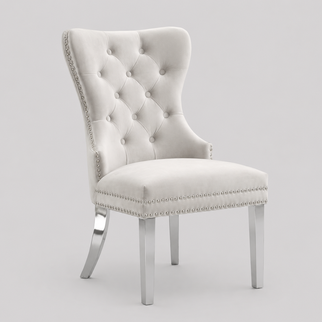 Liorvo 2-Piece Luxury Cream Velvet Dining Chair Set with Chrome Knocker Accent, Button Tufted Front, Decorative Nailhead Trim, Polished Chrome Finish, Modern Glam Dining Room Accent Chairs