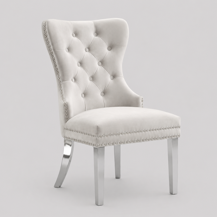 Liorvo 2-Piece Luxury Cream Velvet Dining Chair Set with Chrome Knocker Accent, Button Tufted Front, Decorative Nailhead Trim, Polished Chrome Finish, Modern Glam Dining Room Accent Chairs