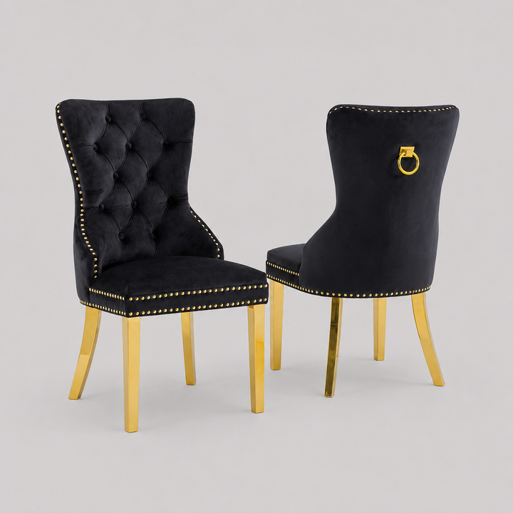 Oviero 2-Piece Luxury Black Velvet Dining Chair Set with Gold Knocker, Polished Gold Frame, Button Tufted Front & Nailhead Details