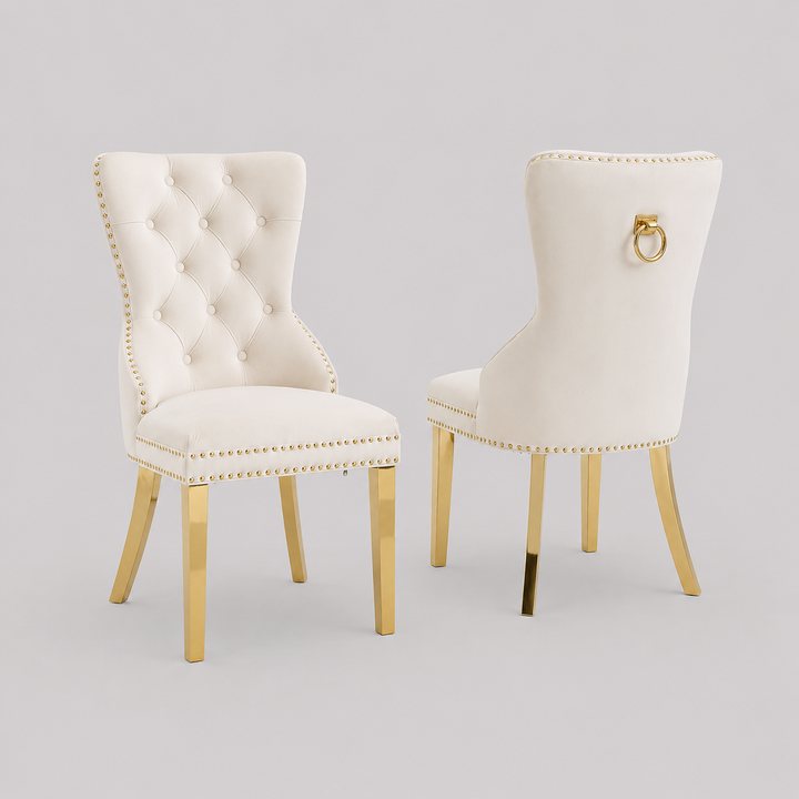 Oviero 2-Piece Luxury Cream Velvet Dining Chair Set with Gold Knocker, Polished Gold Frame, Button Tufted Front & Nailhead Details