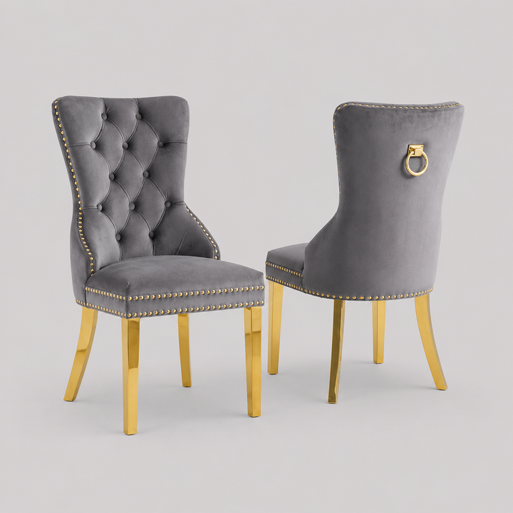 Oviero 2-Piece Luxury Grey Velvet Dining Chair Set with Gold Knocker, Polished Gold Frame, Button Tufted Front & Nailhead Details